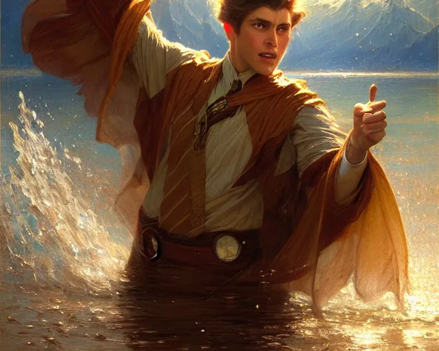 Image similar to attractive male wizard casting powerful tsunami wave spell in a beautiful lake. highly detailed painting by gaston bussiere, craig mullins, j. c. leyendecker 8 k