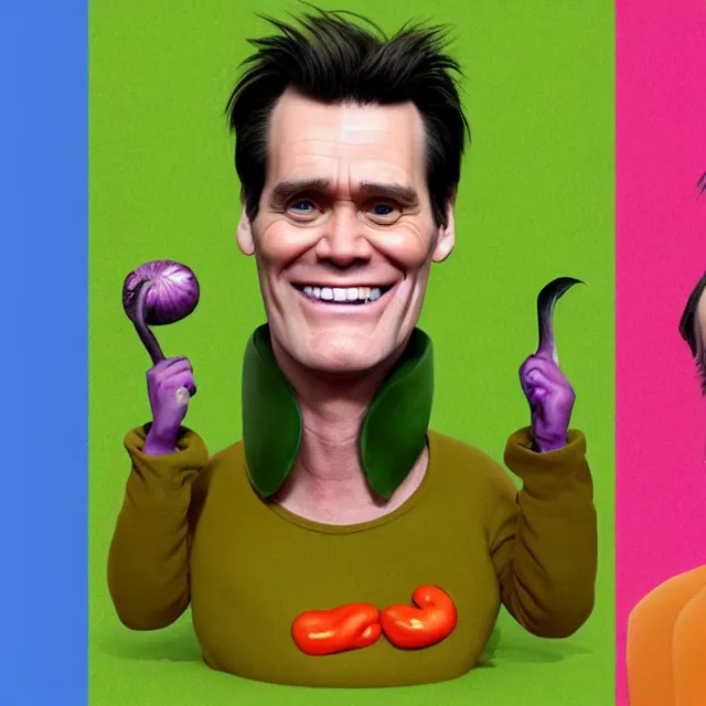 Prompt: jim carrey in a eggplant costume, trending on artstation