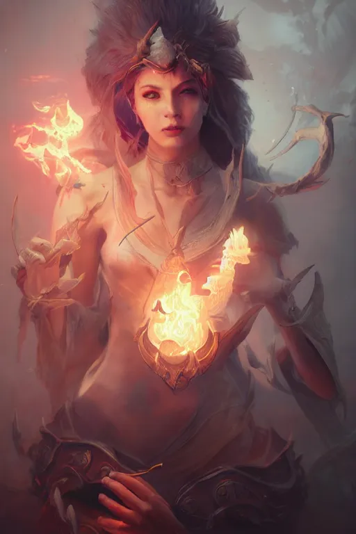 Image similar to beautiful girl necromancer casting spell, 3 d render, holding magic fire, hyper realistic detailed portrait, ruan jia, wlop, fantasy, hyper detailed, octane render, concept art, peter mohrbacher