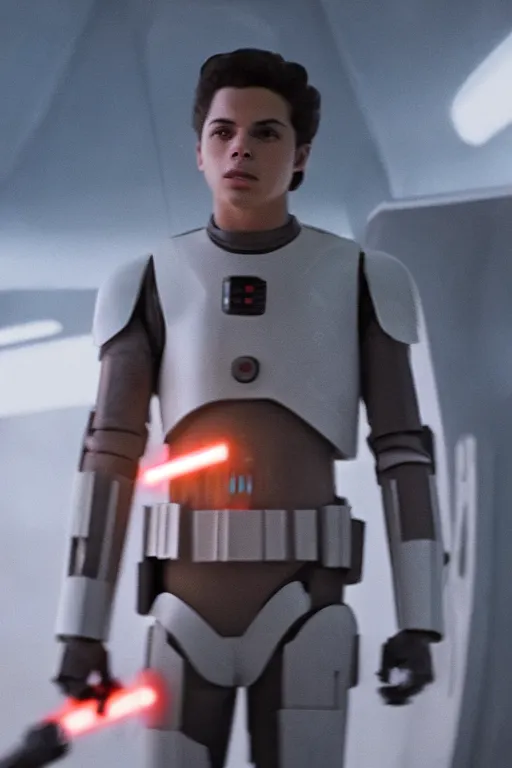 Image similar to jake t. austin as a droid in star wars the rise of skywalker, 3 5 mm photography, highly detailed, cinematic lighting, standing pose, holding lightsaber 4 k