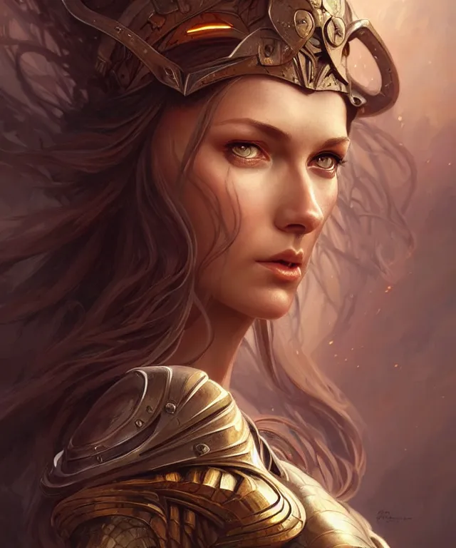 Image similar to Muscular and powerful medieval knight woman portrait, sci-fi, amber eyes, face, long hair, fantasy, intricate, elegant, highly detailed, digital painting, artstation, concept art, smooth, sharp focus, illustration, art by artgerm and greg rutkowski and alphonse mucha