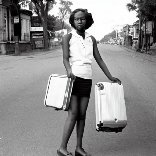 Prompt: of a young 2 1 year old white girl on the main street in bulawayo with a suitcase in 1 9 6 0 black and white photograph