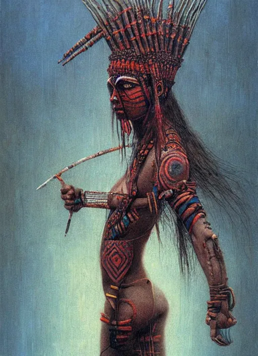 Prompt: warrior girl in tribal painting by Beksinski
