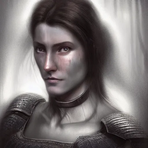 Prompt: head and shoulders portrait of a female knight with a worried expression, scars under her grey eyes. sad and tired eyes, broken neclace. light rays behind her. high detail artstation top 1 0, photo in the style of angus mcbean.