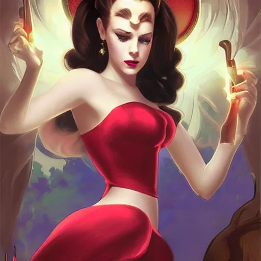 Prompt: anna kendrick dressed as jessica rabbit holding a glowing wand in one hand and a large leather bound book, fantasy, intricate, elegant, highly detailed, digital painting, artstation, concept art, matte, sharp focus, illustration, in the style of magic the gathering, art by artgerm and greg rutkowski and alphonse mucha