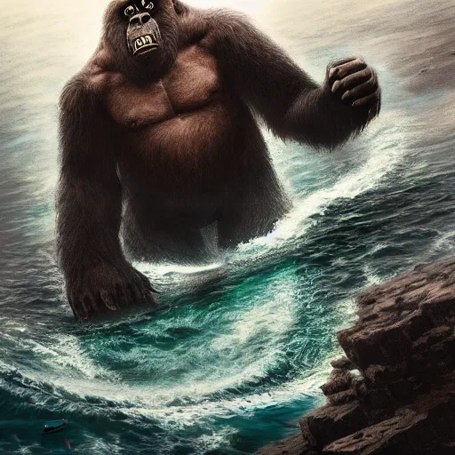 Prompt: King Kong in the middle of the sea, fantasy art, in the style of greg rutkowski, illustration, epic, fantasy, intricate, hyper detailed, artstation, concept art, smooth, sharp focus, ray tracing