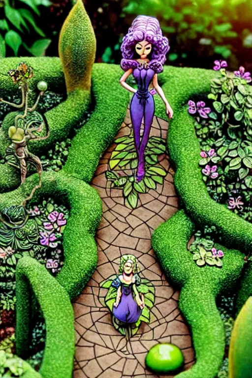 Image similar to intricate detailed Garden, Green Witch Walking her Garden, magical garden plant creatures, enchanted, life like plants, In style of 1992 X-Men: The Animated Series, high detail