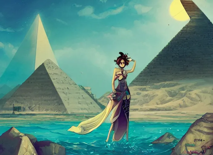 Prompt: lee jin - eun in luxurious dress emerging from turquoise water in egyptian pyramid city during an eclipse by peter mohrbacher, android james, conrad roset, m. k. kaluta, martine johanna, rule of thirds, elegant look, beautiful, chic