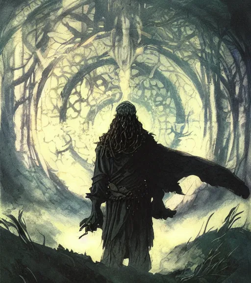 Image similar to a druid standing in a circle at the beginning of the world by alan lee and peter mohrbacher and frank frazetta and mike mignola