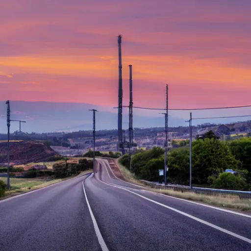 Prompt: a road next to warehouses, and a hill background with a radio tower on top, sunset, hot day