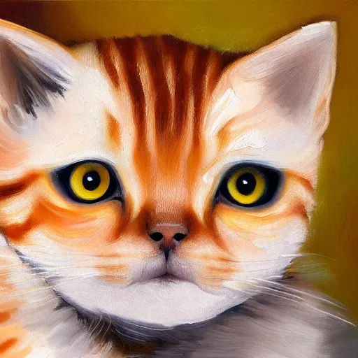 Prompt: knife palette oil painting of orange tabby kitten with golden eyes