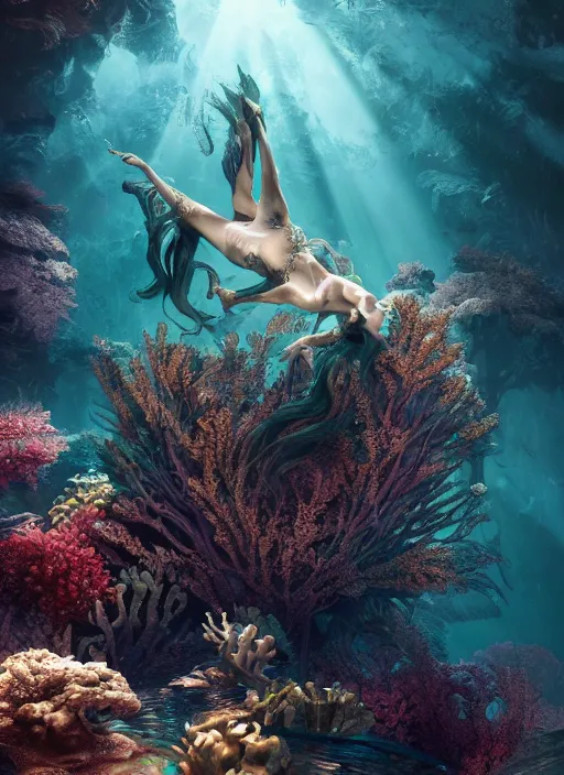 Prompt: beauteous underwater biomechanical incredible hair, crystalline masterpiece incrustations, hyperdetailed face, flippered feet, elegant pose, movie still, intricate, octane render, cinematic forest lighting, cgsociety, unreal engine, crepuscular rays, god rays, caustic shadows lighting