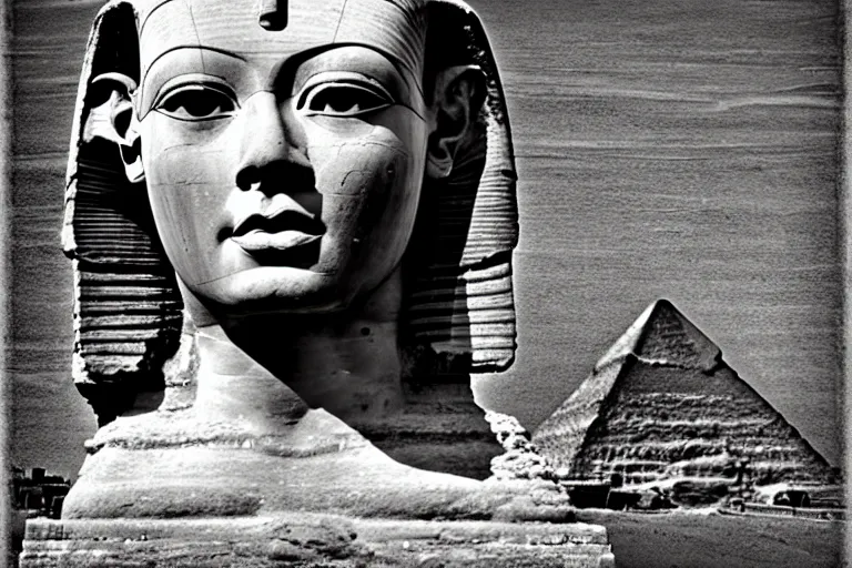 Image similar to Her face was large as that of Memphian sphinx, pedestal'd haply in a palace court, when sages look'd to Egypt for their lore. But oh! how unlike marble was that face- How beautiful, if sorrow had not made sorrow more beautiful than Beauty's self, postmodern surrealist hand drawn matte painting 4k by Lynd Ward, smooth, sharp focus, extremely detailed, dramatic cinematic lighting.