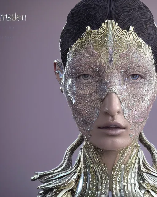 Image similar to a highly detailed metahuman 4 k close up render of an alien goddess bella hadid monument face accessories in iris van herpen dress schiaparelli in diamonds crystals swarovski and jewelry iridescent in style of alphonse mucha gustav klimt trending on artstation made in unreal engine 4