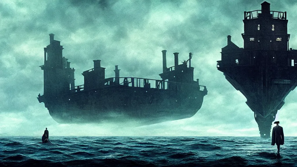 Prompt: photo of the Peaky Blinders coming out of the ocean, extreme detailed face, spaceship flying on the background, film still from the movie directed by Denis Villeneuve with art direction by Zdzisław Beksiński, wide lens