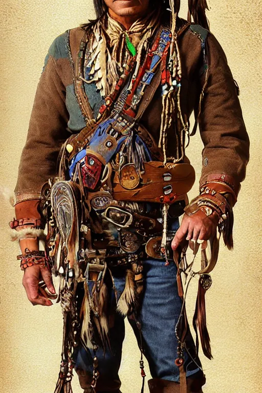 Image similar to thin native American Indian man in his early 30s, wearing traditional cargo buckskin jacket buckskin tactical toolbelt pockets bandolier full of trinket and baubles, steampunk arcane shaman, deadlands, weird west, by Steve Henderson, Sandra Chevrier, Alex Horley