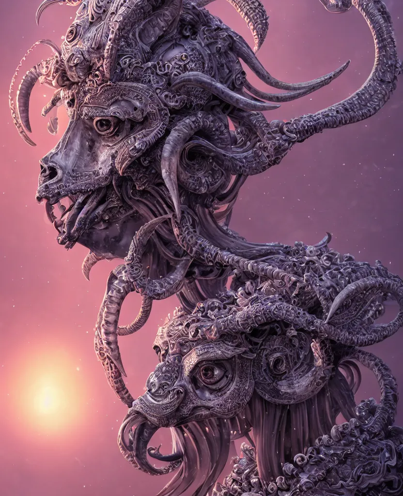 Image similar to close-up macro portrait of the face of a beautiful princess with ram goat satan mask, epic angle and pose, ribcage skeleton symmetrical artwork, 3d with depth of field, blurred background, cybernetic jellyfish female face phoenix bird, translucent, nautilus, energy flows of water and fire. a highly detailed epic cinematic concept art CG render. made in Maya, Blender and Photoshop, octane render, excellent composition, cinematic dystopian brutalist atmosphere, dynamic dramatic cinematic lighting, aesthetic, very inspirational, arthouse. y Greg Rutkowski, Ilya Kuvshinov, WLOP, Stanley Artgerm Lau, Ruan Jia and Fenghua Zhong