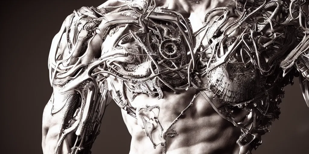 Image similar to hyper realistic photography of a stunningly beautiful cyborg male, plated arm, intimate, chest, holding close, ribbons, in the style of beth cavener, jin kagetsu,, and wlop, highly detailed, intricate filigree, symmetry, masterpiece, award winning, sharp focus, concept art, highkey lighting, ambient lighting, octane render, 8 k, artstation