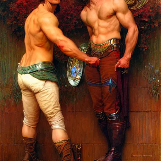 Image similar to attractive muscular arthur pendragon and muscular attractive merlin go to a pub together to have some drinks. highly detailed painting by gaston bussiere, craig mullins, j. c. leyendecker, alphonse mucha 8 k