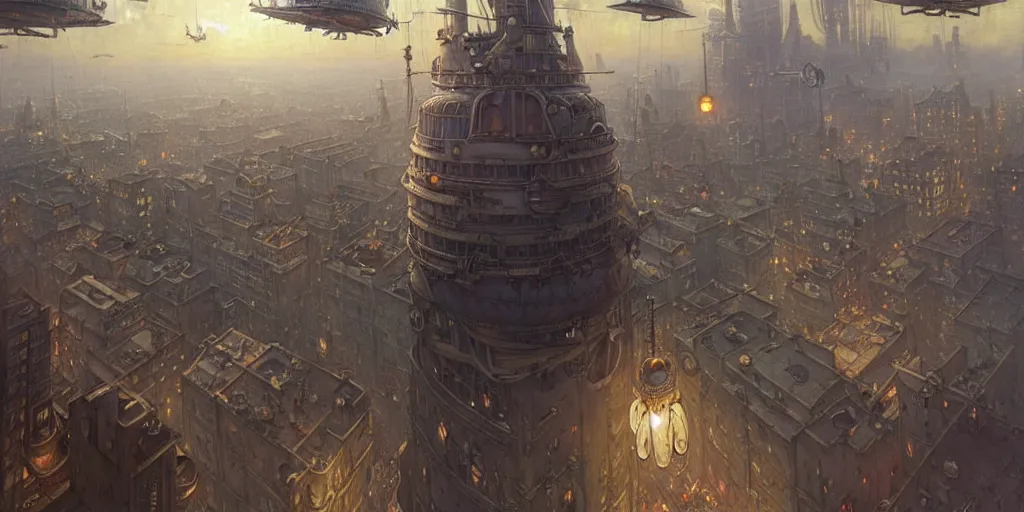 Image similar to steampunk airship above a busy city, exquisite details, denoised, mid view, by norman rockwell, karl kopinski, artsation, greg rutkowski, makoto shinkai, takashi takeuchi, studio ghibli