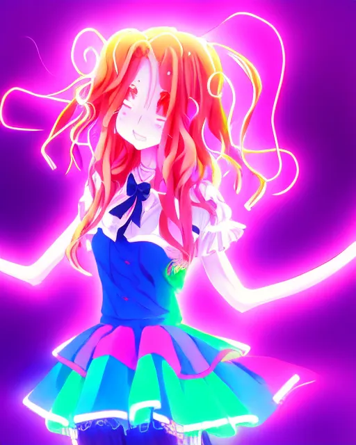 Image similar to anime style, vivid, expressive, full body, 4 k, painting, a cute magical girl idol with a long wavy colorful hair wearing a colorful dress, correct proportions, stunning, realistic light and shadow effects, neon lights, studio ghibly makoto shinkai yuji yamaguchi