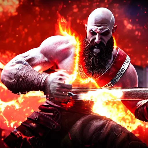 Image similar to kratos shredding on a flaming stratocaster guitar, cinematic render, god of war 2 0 1 8, santa monica studio official media, lightning, spartan rage, head turned