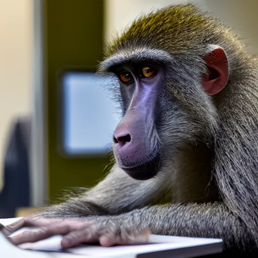 Image similar to a baboon programming, in the office