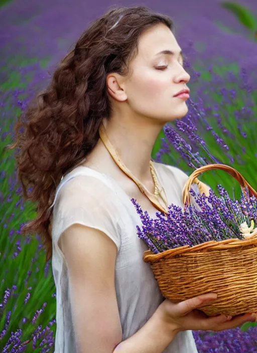 Image similar to a stunning intricate portrait of A beautiful woman, She's carrying a basket of flowers, and she has a sprig of lavender in her hair