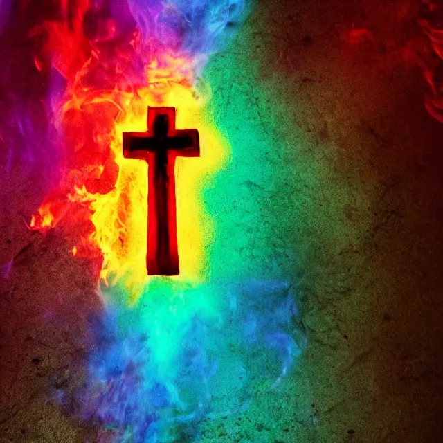 Prompt: burning cross in rainbow colored fire, vintage