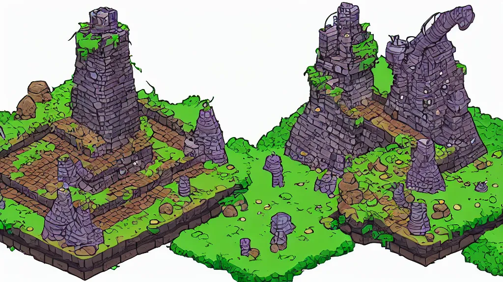 Image similar to Isometric view of a wizard tower surrounded by different kinds of gem mines and ominous caves, lineart, colored