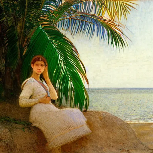 Image similar to a ultradetailed beautiful painting of a girl in the amazonas palace designed by jules bastien - lepage, hans belmer, frank weston and gustave baumann, beach, trending on artstation, mediterranean, palm trees, refracted color sparkles, sharp focus, soft light, 8 k 4 k