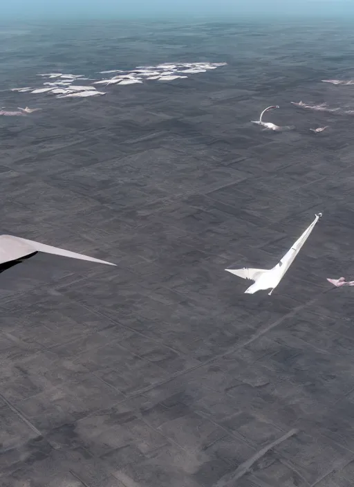 Image similar to hyperrealism, detailed textures, photorealistic 3 d, pilots view from runway of squad flying futuristic stealth fighter jets, flying ultra low over an endless plain of flamingos, ultra realistic, cinematic, intricate, cinematic light, unreal engine 8 k