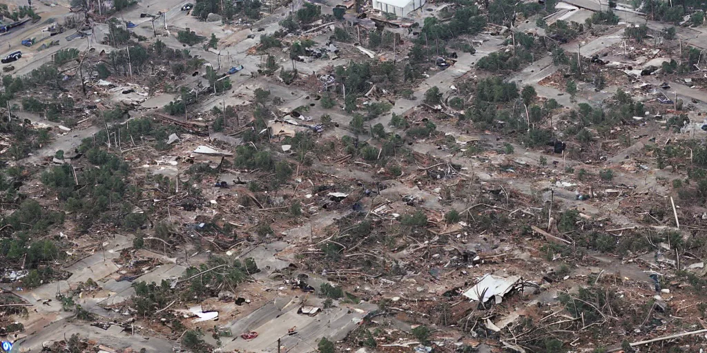 Prompt: the tornado left a trail of destruction with considerable damage not only to buildings and infrastructure but also in the forests in the metropolis oklahoma city, dramatic, catastrophic, photography