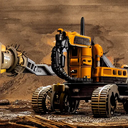 Image similar to giant scary treaded mining automated machine with drill, mining scrap metal, highly detailed body, retro, industrial, dark, dystopian, apocalyptic, clean, in the style of simon stalenhag, 8 5 mm f / 1. 4