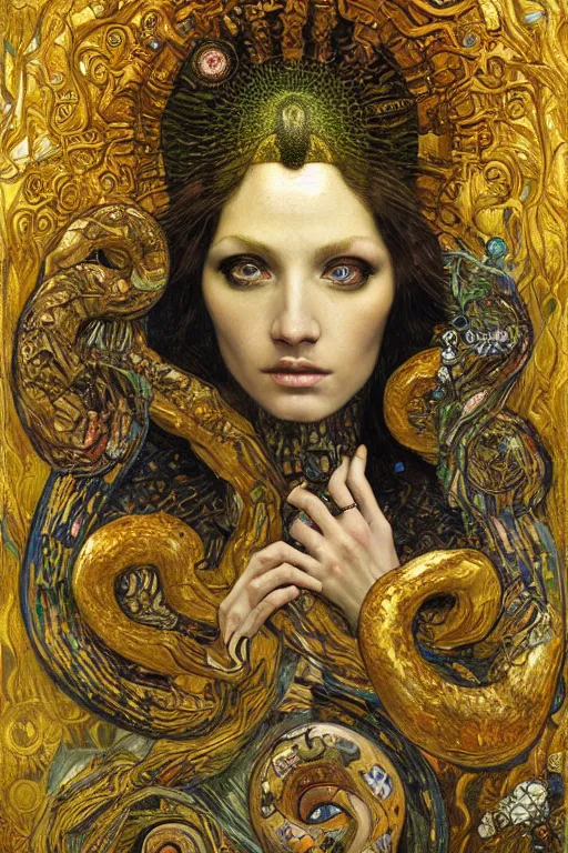 Image similar to Rebirth by Karol Bak, Jean Deville, Gustav Klimt, and Vincent Van Gogh, mysterious portrait of a sacred serpent, Surreality, radiant halo, shed iridescent snakeskin, otherworldly, fractal structures, celestial, arcane, ornate gilded medieval icon, third eye, spirals