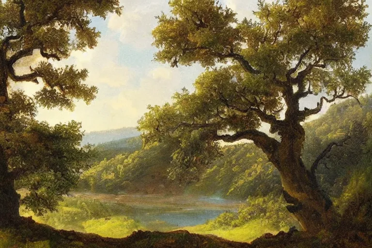 Prompt: masterpiece painting of oak trees on a hillside overlooking a creek, by gunnar mauritz widforss