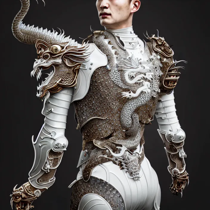 Image similar to man wearing porcelain cyborg armor, Chinese Kangxi dragon pattern porcelain, diffuse lighting, fantasy, intricate, elegant, highly detailed, lifelike, photorealistic, digital painting, artstation, illustration, concept art, smooth, sharp focus, art by John Collier and Albert Aublet and Krenz Cushart and Artem Demura and Alphonse Mucha