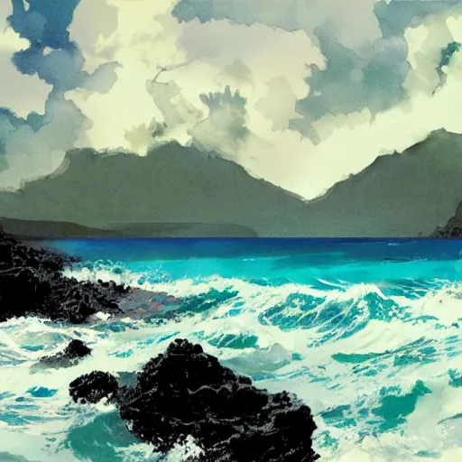 Image similar to ocean scenery in hawaii by ashley wood and maciej kuciara and john harris