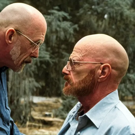 Image similar to old jonathan banks kissing walter white, movie still