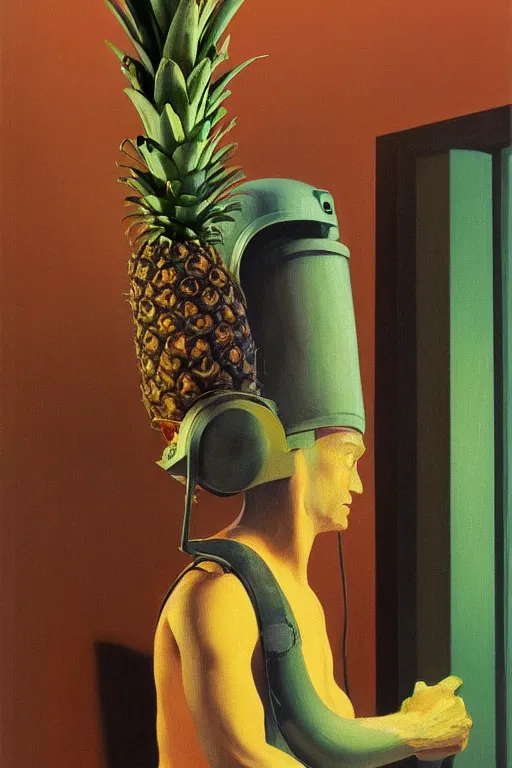 Prompt: Plumber wearing oculus and pineapple over his head, Edward Hopper and James Gilleard, Zdzislaw Beksisnski, highly detailed