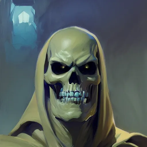 Prompt: greg manchess portrait painting of powerful skeletor the master of the universe as overwatch character, medium shot, asymmetrical, profile picture, organic painting, sunny day, matte painting, bold shapes, hard edges, street art, trending on artstation, by huang guangjian, gil elvgren, ruan jia, greg rutkowski, gaston bussiere