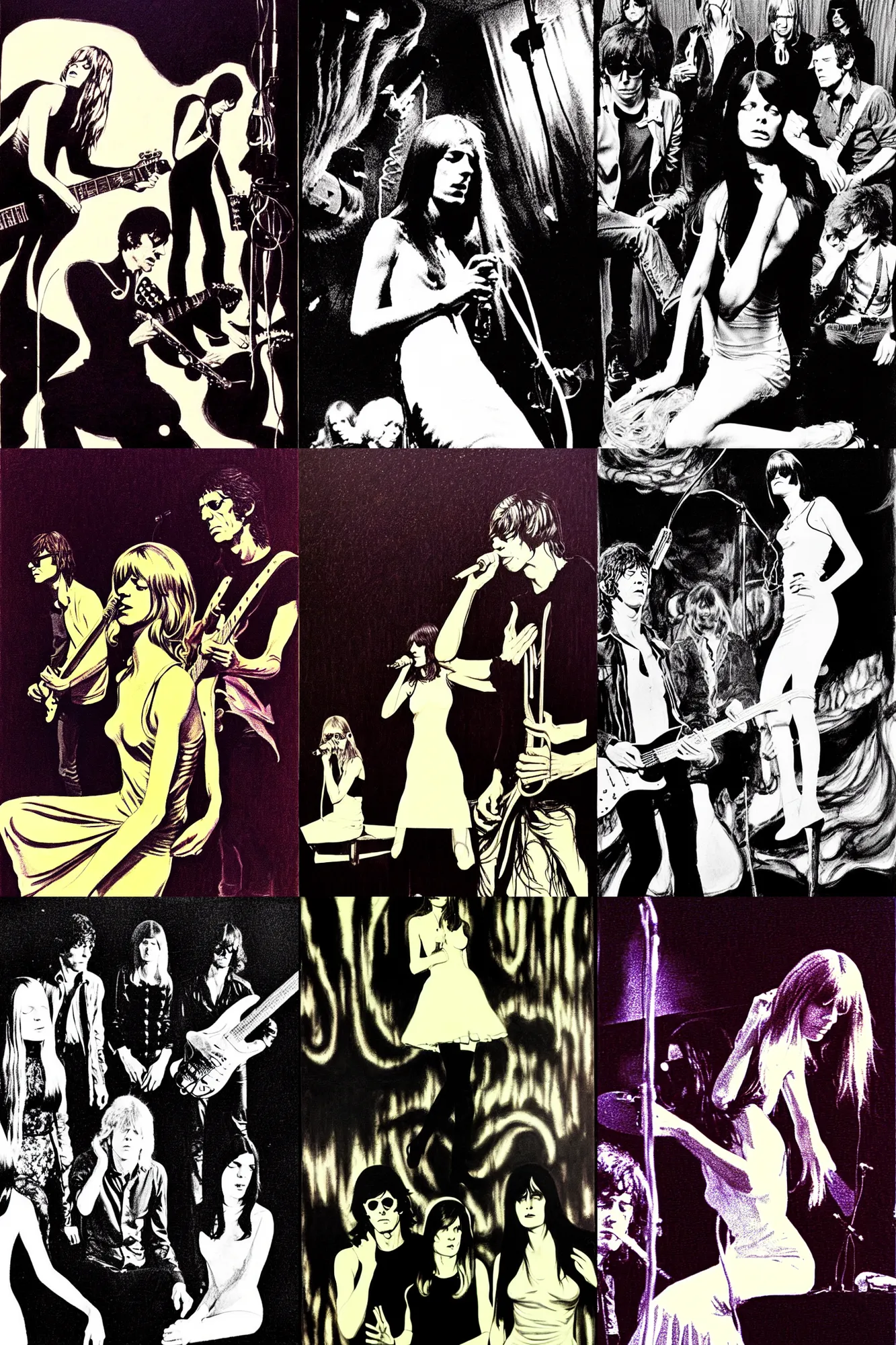 Prompt: the velvet underground playing live on stage in san francisco at a night club in 1 9 6 9, nico wearing a white dress, beautiful stage decoration in the background, art by bernie wrightson, very detailed and colorful, moody, relaxed, stoned, trending on artstation