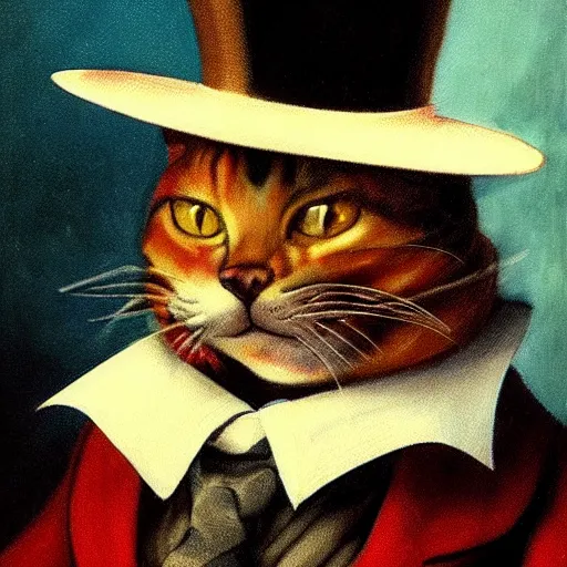 Prompt: cat wearing a top hat and suit, smoking a cigar, inside a casino playing poker, hieronymus bosch, mark brooks