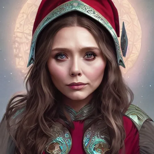 Image similar to Elizabeth Olsen as a elf archer, cute, fantasy, intricate, elegant, highly detailed, centered, digital painting, artstation, concept art, smooth, sharp focus, illustration, art by artgerm and H R Giger and alphonse mucha