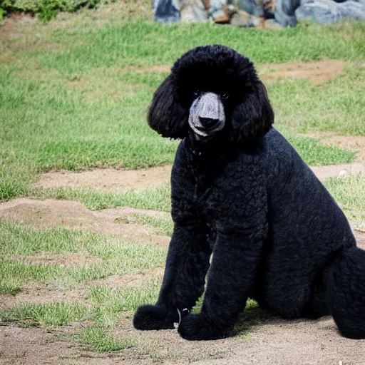 Image similar to a photo of a black poodle dog next to a panda,