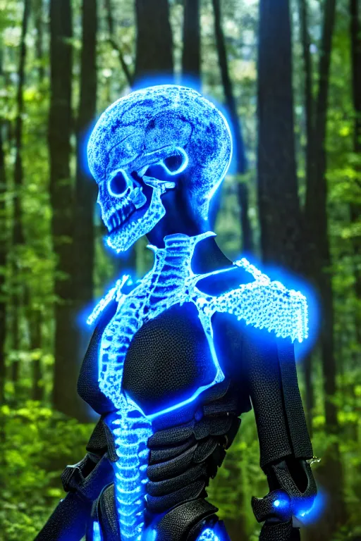 Prompt: hyperrealistic mithra goregous black woman exoskeleton bone armor in a forest sun behind her concept art eric zener elson peter cinematic blue light low angle hd 8k sharp shallow depth of field