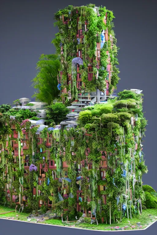 Prompt: 3 d printed physical model organic flowy including more than one city into one vertical building model that sits on a table in a room with a view back, multiple stories, with lush vegetation, colorful, 8 0 k, octane render, highly detailed 3 d render,