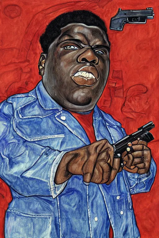 Image similar to a portrait of biggie smalls pointing a gun in style of egon schiele, masterpiece, hyperdetailed, complex, intricate, 4 k, trending on artstation