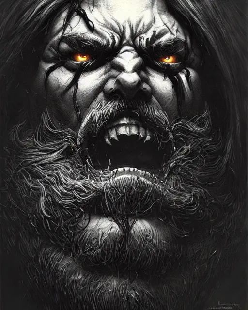 Prompt: reinhardt from overwatch, beard, character portrait, portrait, close up, concept art, intricate details, highly detailed, horror poster, horror, vintage horror art, realistic, terrifying, in the style of michael whelan, beksinski, and gustave dore