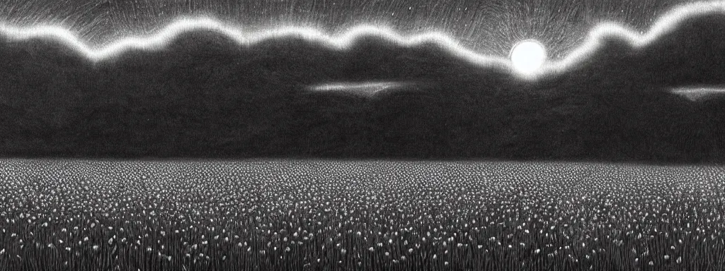 Image similar to A serene flower field at night by Kentaro Miura, highly detailed, black and white